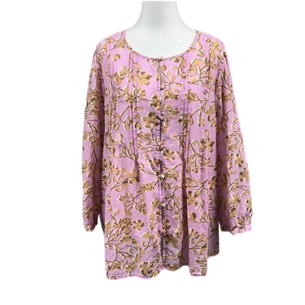 J. Jill Floral Pintuck 3/4 Sleeve Button Up Blouse Sz L